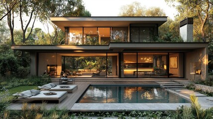 Obraz premium Modern two-story home with a pool, nestled amidst lush greenery. Open-concept living area seamlessly connects to the outdoor space. Spacious patio with lounge chairs and a stunning swimming pool