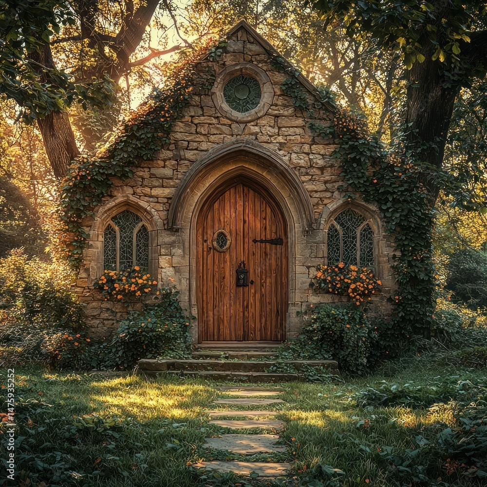 Poster stone cottage nestled in a verdant forest. sunlight streams through the trees illuminating the quain