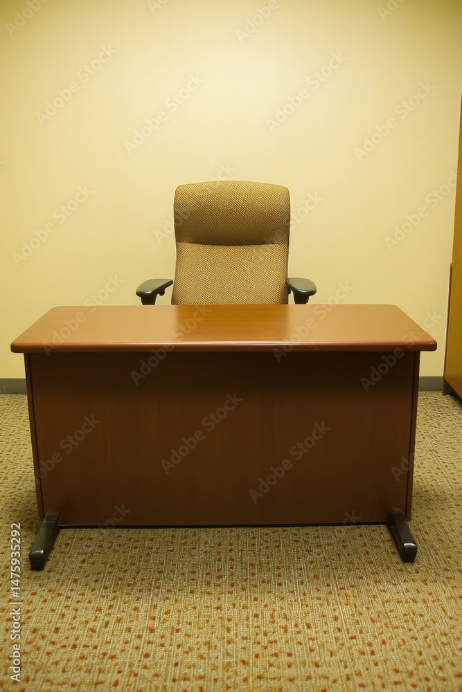Poster empty office setup with desk and chair in a neutral color scheme from a frontal perspective in a cor
