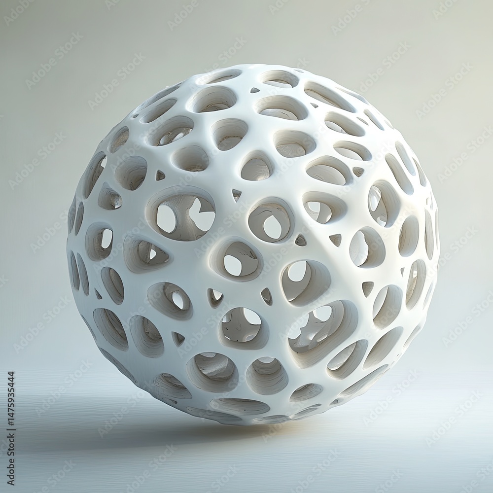 Poster white spherical structure with hole pattern on soft background