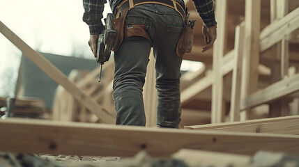Construction Worker Walking on Site with Tools