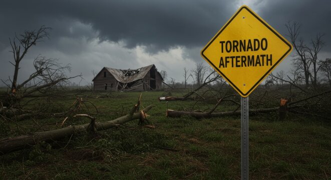 Tornado aftermath scene with damaged house and stormy sky for disaster concept design