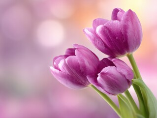 Obraz premium Three purple tulips in bloom against a soft bokeh background close up shot floral arrangement spring beauty nature