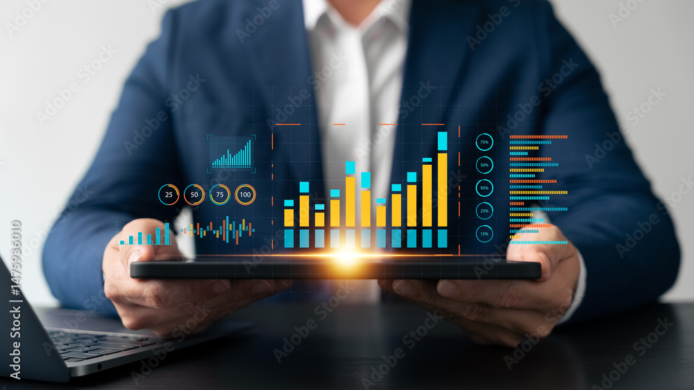 Poster businessman analyzing big data analytics on tablet with colorful digital graphs and charts, represen