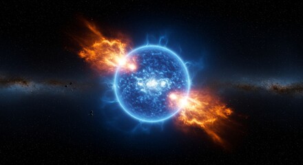 Obraz premium Cosmic phenomenon: fiery energy eruptions from a blue star in deep space