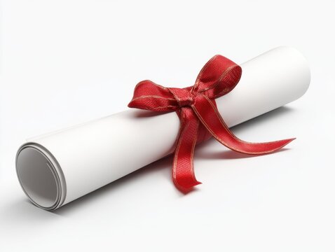 Rolled diploma tied with red ribbon on white background studio shot achievement graduation certificate degree