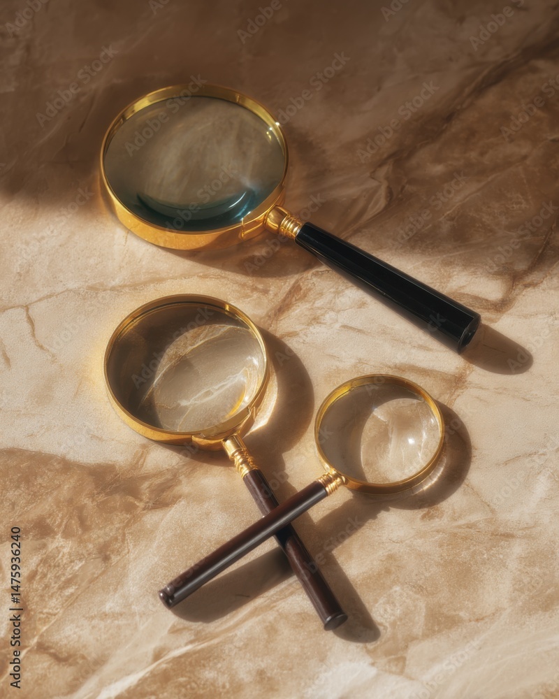 Poster three magnifying glasses on marble surface in warm light from above representing investigation and r