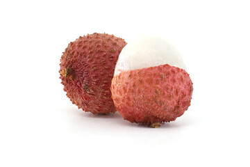 Close-Up of Fresh Lychee Fruit with Skin and Partially Peeled