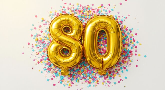 Golden 80th anniversary celebration balloons with colorful confetti for festive milestone party decoration - Powered by Adobe