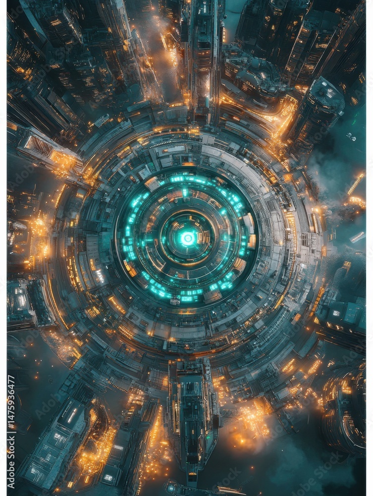 Poster futuristic cityscape aerial view of circular metropolis with glowing lights and intricate architectu
