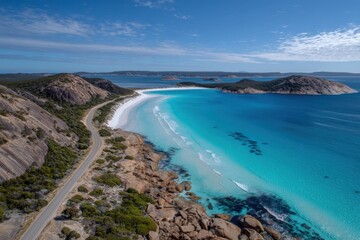 Obraz premium Aerial View of Lucky Bay and Cape Le Grand National Park in Western Australia Turquoise Water White Sand Beach Road