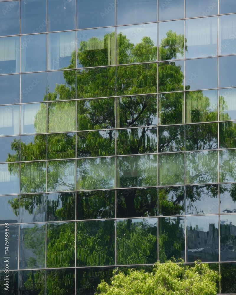 Poster tree reflection on glass building facade in urban environment daytime close up view nature meets arc