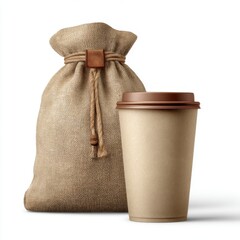 Burlap sack and coffee cup still life studio shot on white background coffee beans storage and beverage container