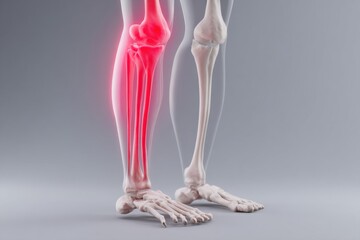 Obraz premium Human Leg Bones Anatomy with Red Highlighted Pain Area Medical Illustration on Gray Background