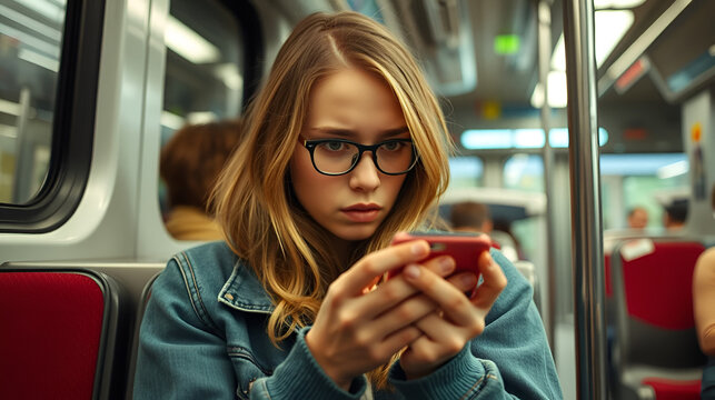 Annoyed girl unsuccessfully tries to catch a cellular signal or an unstable WiFi, holding her smartphone in her hands in train