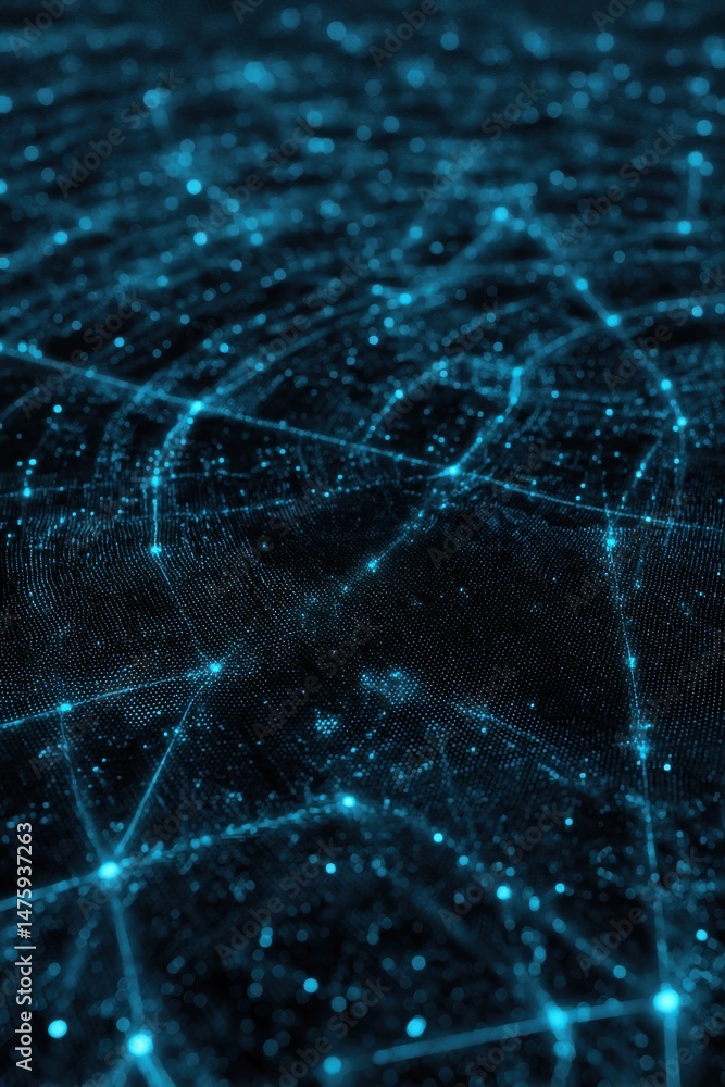 Poster abstract low angle view of glowing blue network of data points and lines connecting in a digital wor