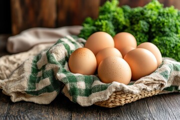 Rustic Still Life of Brown Eggs in Basket on Checkered Cloth with Kale in Background Food Photography