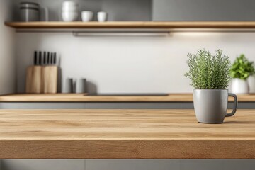 Fototapeta premium Wood Countertop With Potted Herbs in Mug, Kitchen, Interior Design, Home Decor, Light
