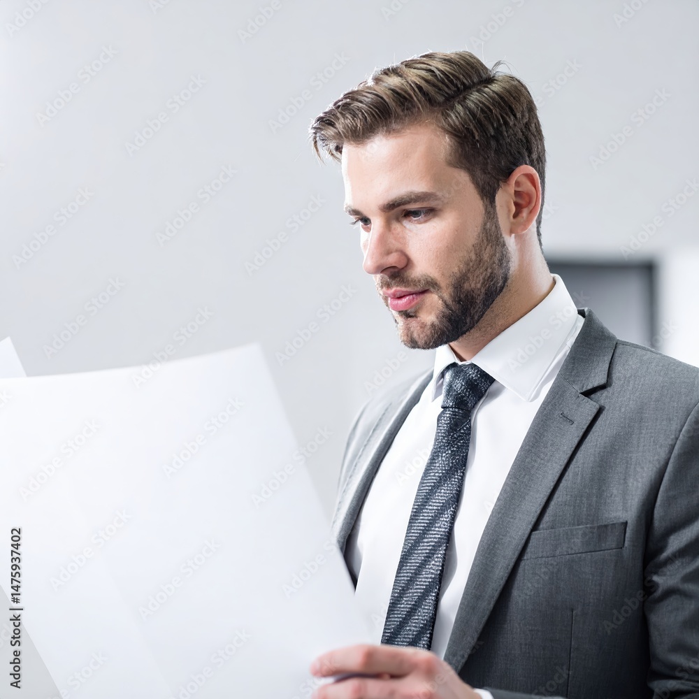 Aufkleber a confident man in a tailored suit stands upright, holding a stack of documents in one hand while ga
