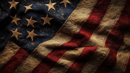 Close-up of a weathered, folded flag with faded colors and visible texture