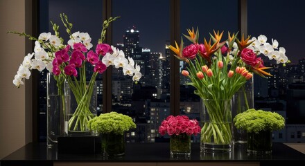 Fototapeta premium Elegant cityscape nighttime floral arrangement with orchids and tropical blooms for interior decoration