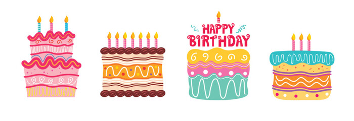 Happy birthday cake elements clipart set. Birthday colorful cake clip art collection with candle and assorted flavor doodle design for wedding and anniversary hand drawn icon vector illustration.
