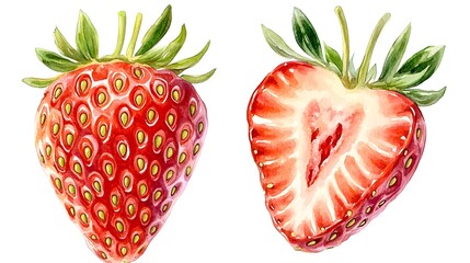 Two vibrant watercolor illustrations of fresh strawberries.