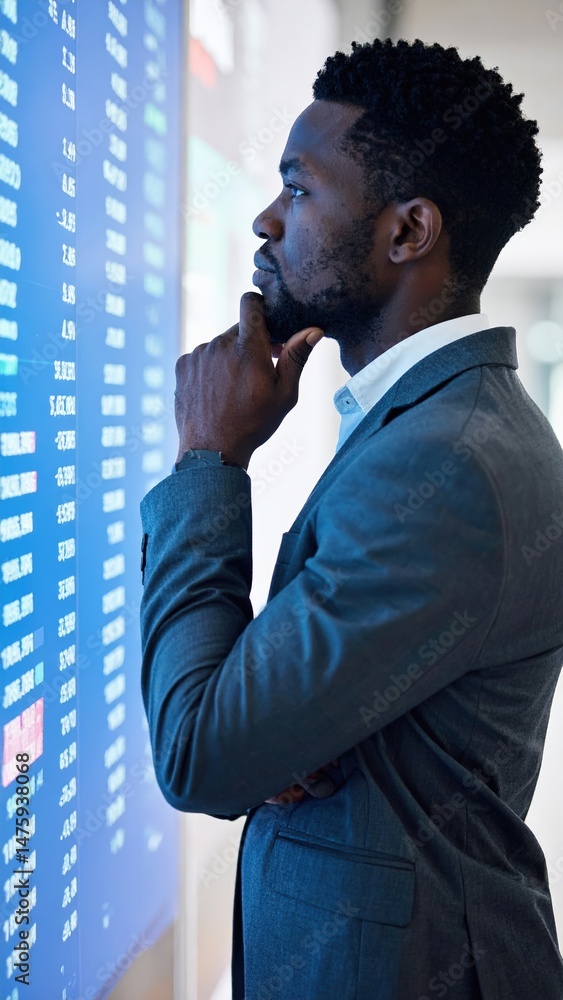 Aufkleber a professional man in a tailored suit stands thoughtfully, gazing at a large electronic board displa
