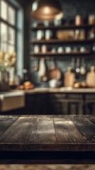 Rustic Kitchen Interior with Wooden Tabletop Focus and Blurred Background for Product Placement or Food Photography