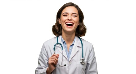 Fototapeta premium Smiling female doctor holding stethoscope on white background for medical professional and healthcare themes