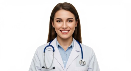 Friendly female doctor smiling in medical uniform with stethoscope