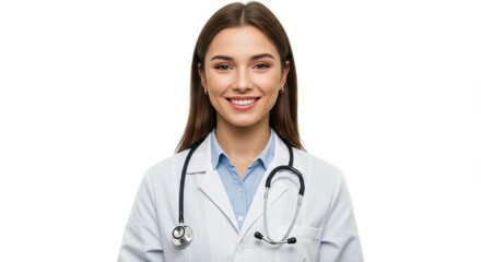Confident female doctor smiling in uniform with stethoscope for healthcare design