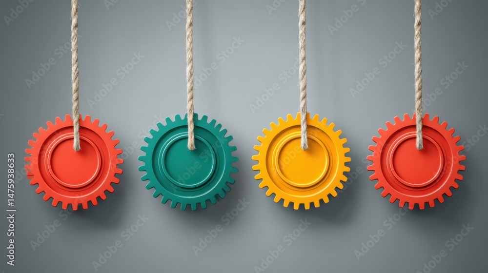 Poster colorful gears hanging on a rope illustrating mechanisms of movement and collaboration in a captivat