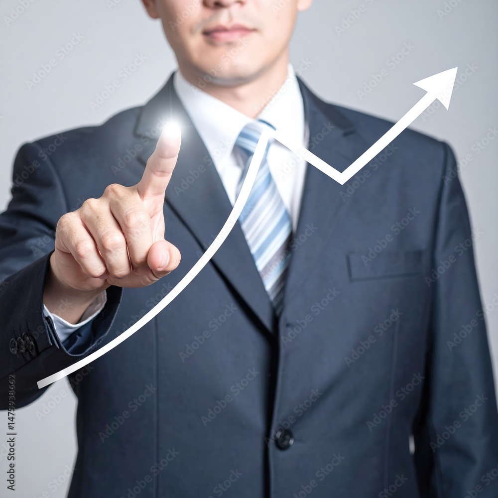 Aufkleber a confident man in a tailored suit stands in an office, pointing enthusiastically at a large upward-