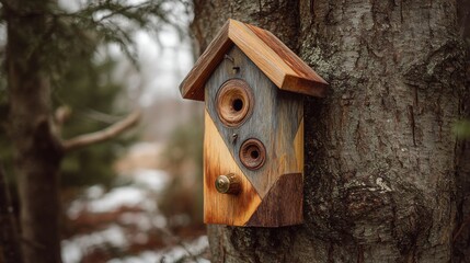Rustic Wooden Birdhouse on Tree Trunk in Winter Forest Close Up Nature Photography Wildlife Habitat
