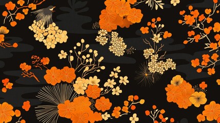 Stunning Floral Pattern with Orange and Gold Flowers japanese patterns