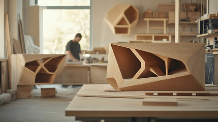 Modern Woodworking Workshop with Geometric Furniture Designs