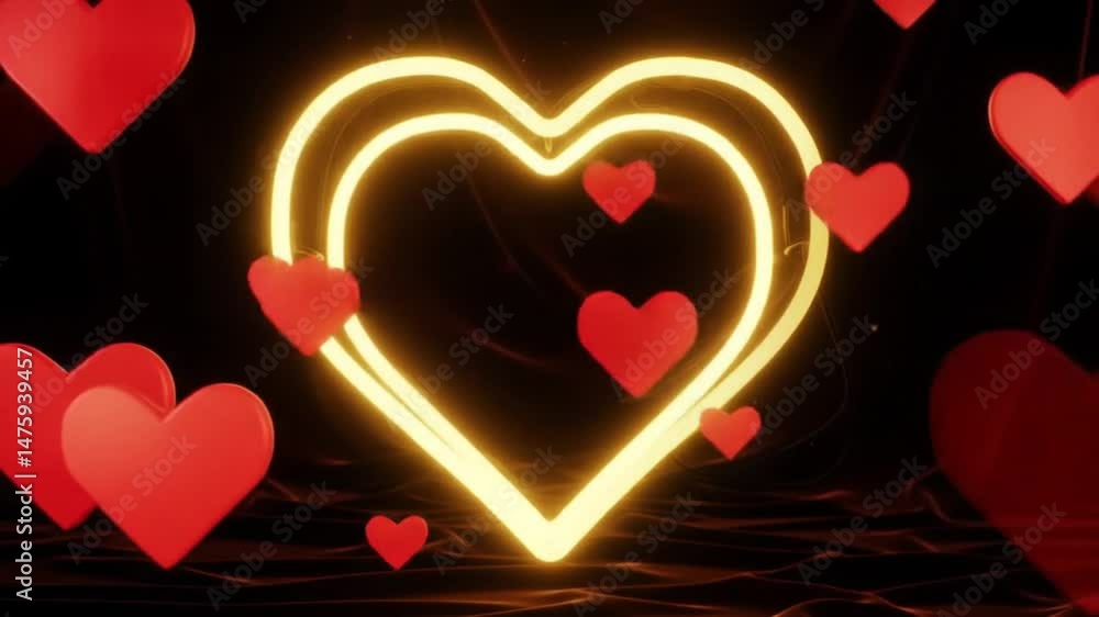 Poster glowing heart frame with floating red hearts on a dark wavy surface video