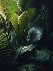 Lush tropical foliage close up in studio shot with dark background featuring ferns and broadleaf plants for wallpaper