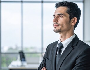 Fototapeta premium A confident man in a tailored navy suit stands with his arms crossed, exuding professionalism and poise, against a neutral background.