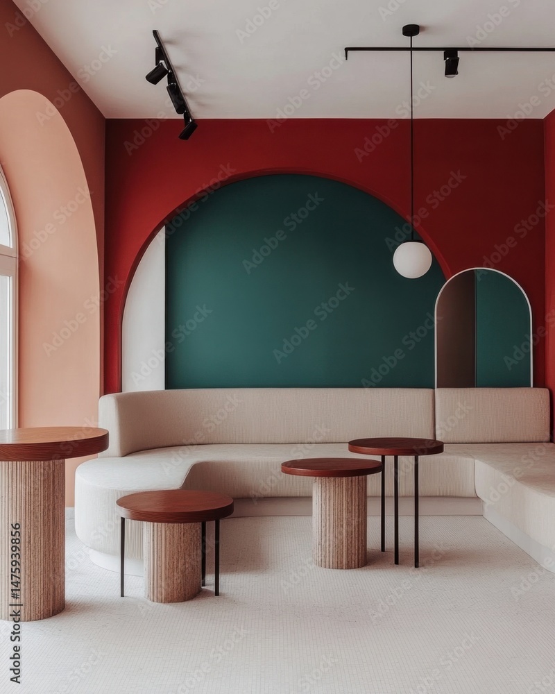 Poster interior design showcasing curved sofa and round tables in a modern setting with colorful walls and 