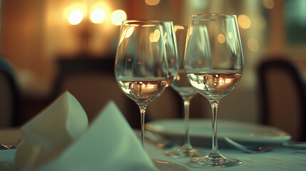 Two wine glasses with white wine on an elegant table; a moment of refined relaxation and simple luxury.