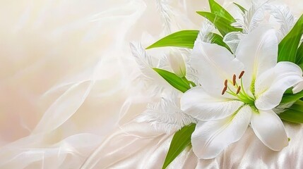 Obraz premium Elegant White Lily Displayed on Luxurious Silk Pillow Surrounded by Delicate Fabrics