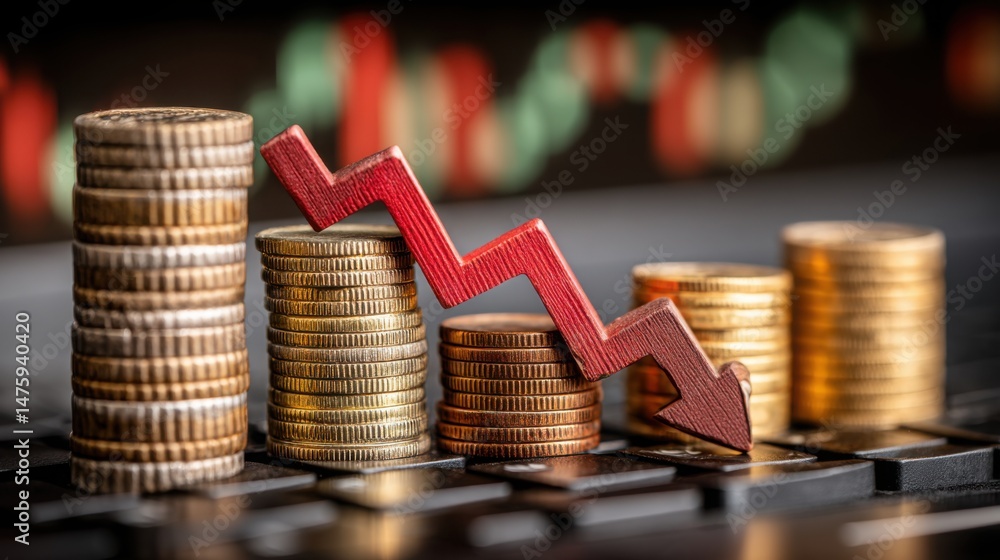 Aufkleber stack of coins with red arrow on top representing price action reaction in trading halt after result