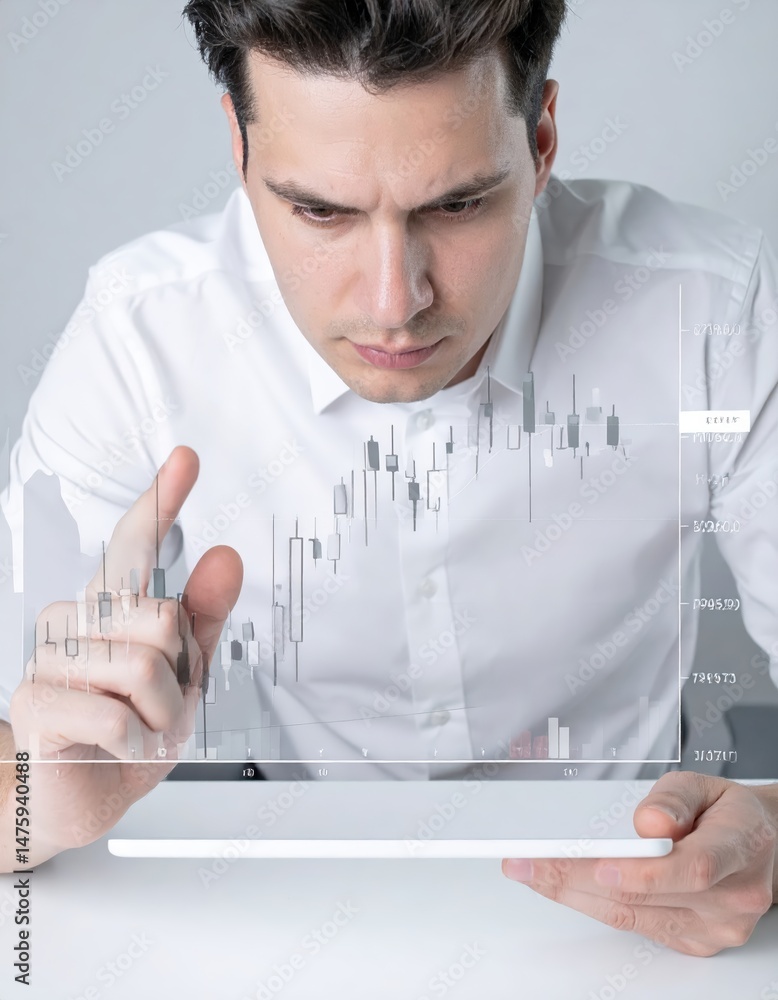 Poster a focused man in a crisp white shirt examines an ipad displaying colorful graphs and charts, analyzi