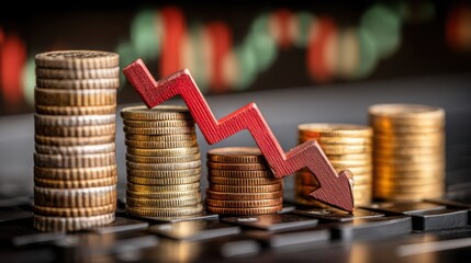 Stack of coins with red arrow on top representing price action reaction in trading halt after results icon concept