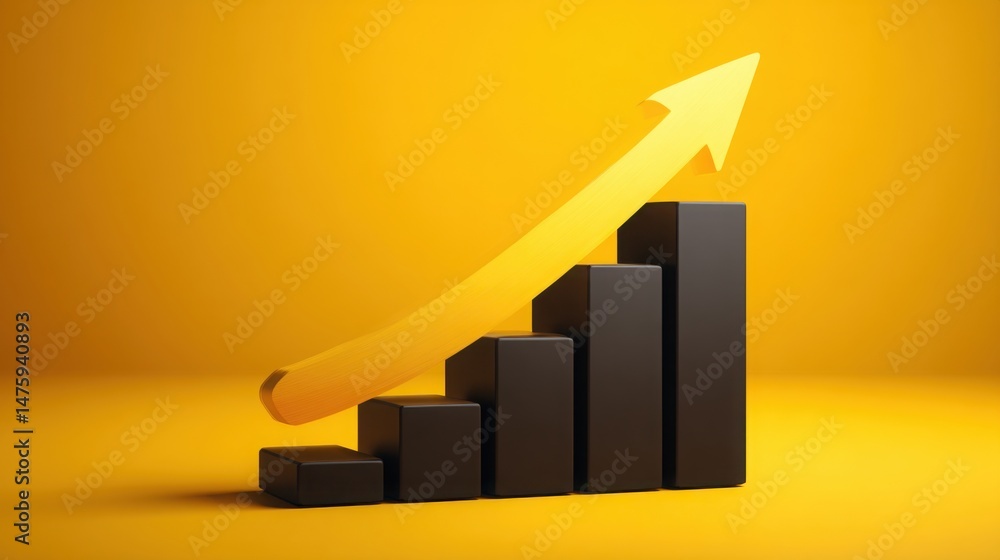 Poster graph bar with yellow arrow indicating confirmation of breakout in financial trend analysis and mark