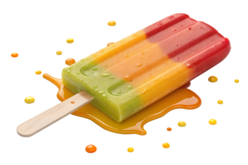Melting tri color popsicle with stick and scattered candies on a plain surface on transparent background