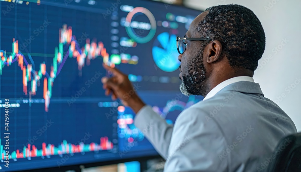 Aufkleber a focused man in a business suit points at a large screen displaying colorful graphs and charts, ana