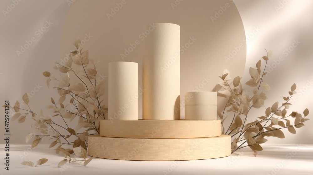 Poster beige product display showcasing cylinders and jar on podium with branch accents in studio setting f